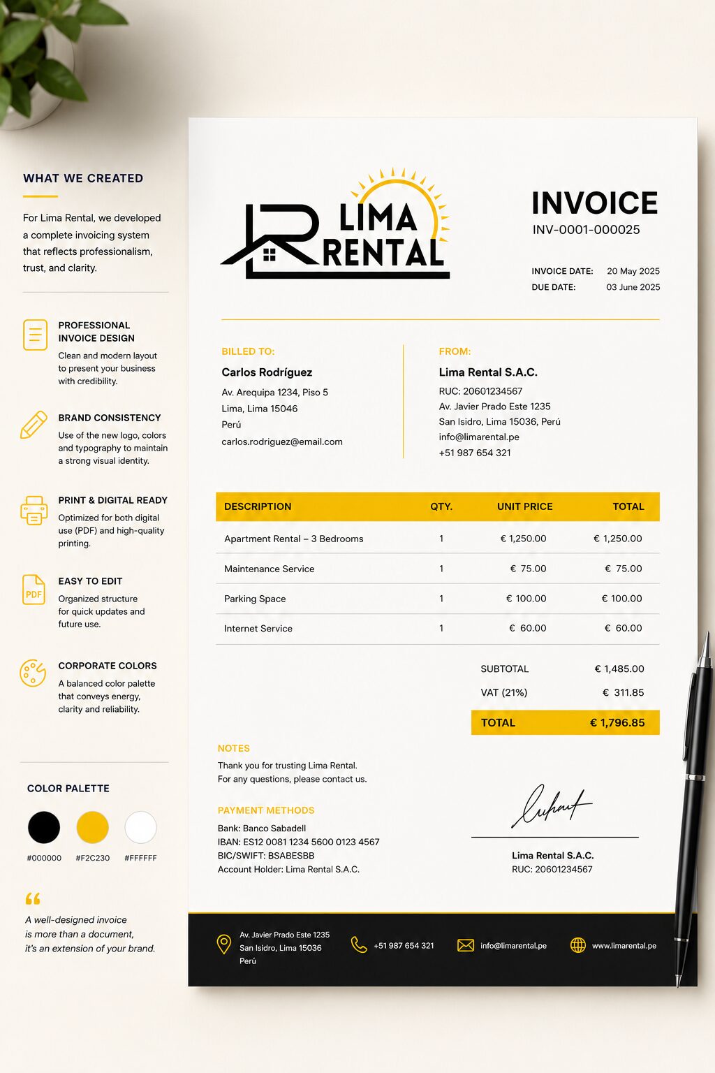 Lima Rental professional invoice template mockup
