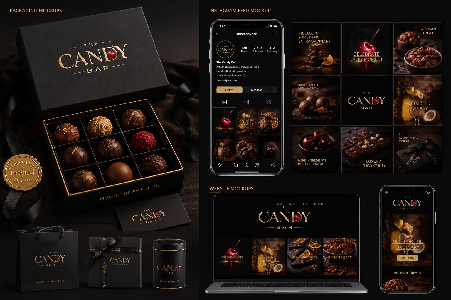 The Candy Bar packaging and Instagram mockups